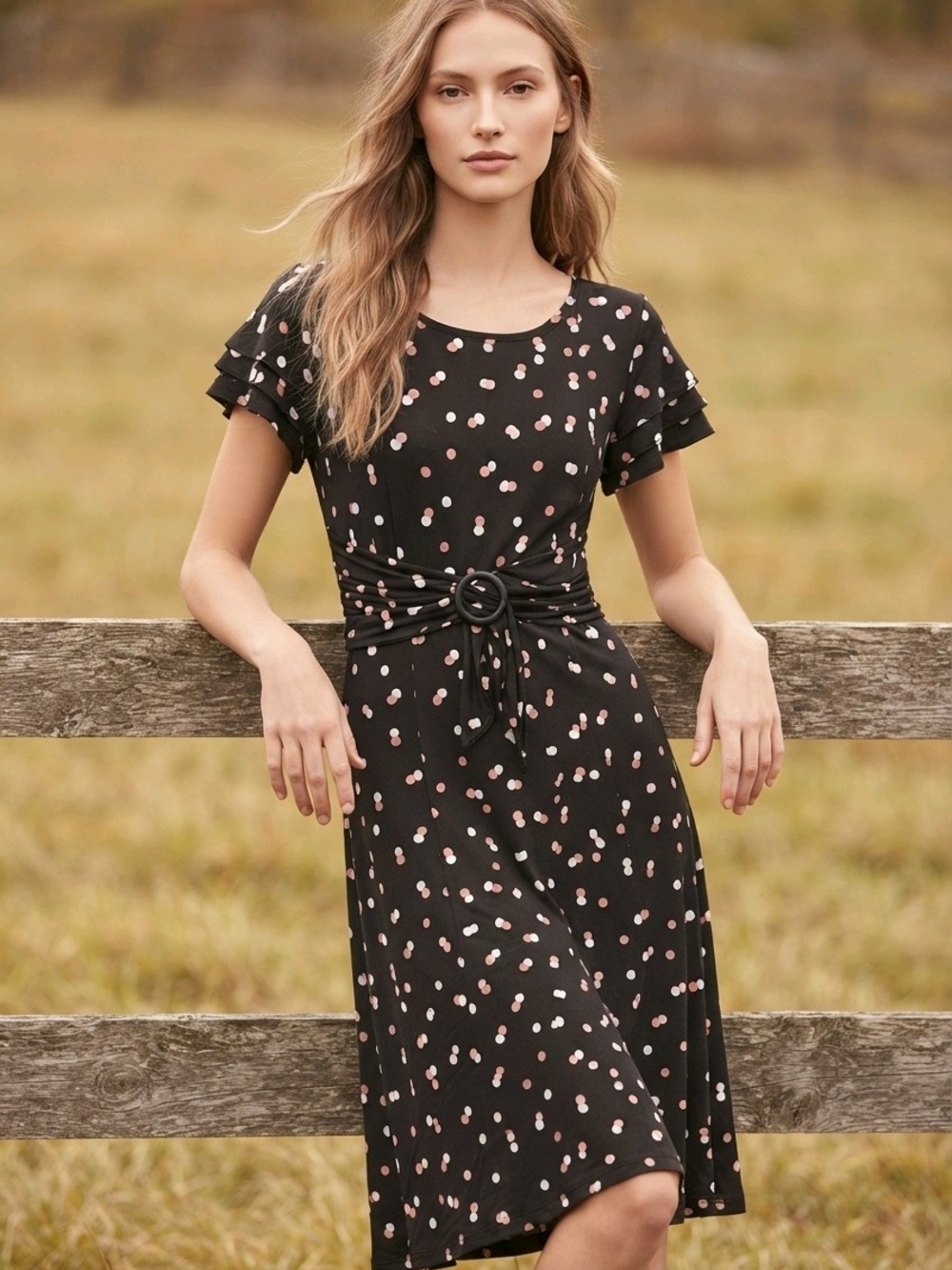 NWT Perceptions Black Midi Dress with Pink Polka Dot Print sz S